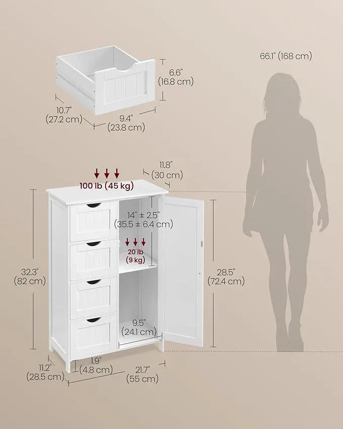 VASAGLE Storage Cabinet with Drawers, Freestanding Floor Cabinet with Door, 11.8 x 21.7 x 32.3 Inches, Adjustable Shelf, for Bathroom, Living Room, Kitchen, Cloud White ULHC041WH01S - ModernBath