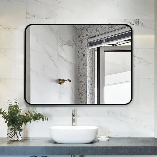 JISOSO Black Bathroom Mirror 40X30 Inch, Black Metal Framed Mirror for Wall, Rounded Rectangle Matte Bathroom Vanity Mirror with Tempered Glass, Anti-Rust, Horizontal/Vertical - ModernBath