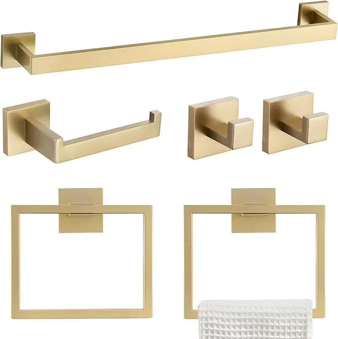 TQKAG 6-Piece Bathroom Towel Bar Sets Brushed Gold 23.6 inch Towel Bar Stainless Steel Towel Ring Coat Hook and Toilet Paper Holder Bathroom Hardware Set Wall Mounted Bathroom Accessories Kit - ModernBath