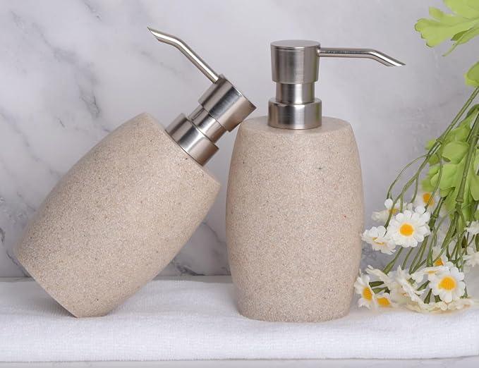 Clasin Home Sandstone Textured Resin Soap Dispenser with Metallic Pump and Waterproof Bottle Labels for Bathroom Kitchen Dish Hand Wash Shower Lotion Shampoo, 12 Oz, 2 Sets Beige - ModernBath