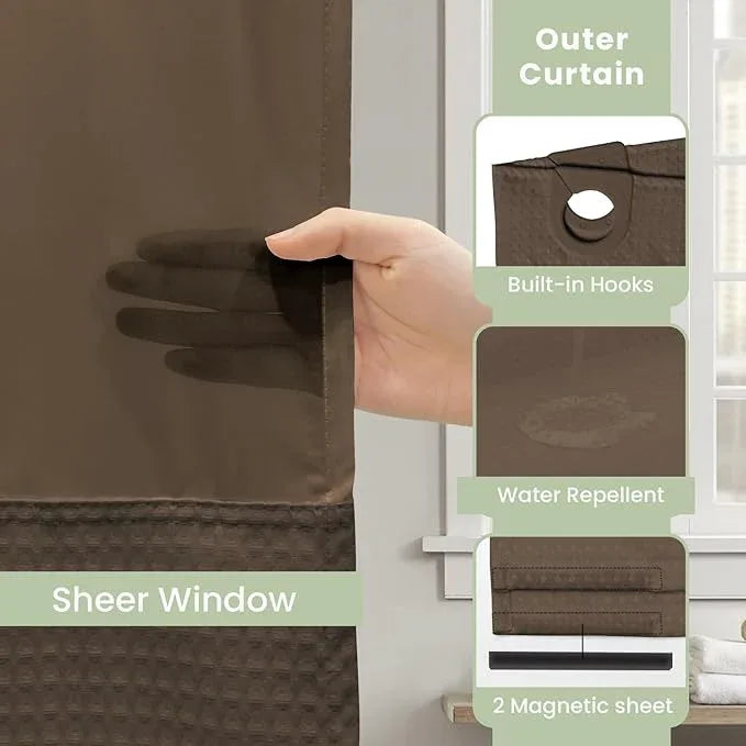 Inhousolu No Hook Shower Curtain with Snap in Fabric Liner Set Waffle Weave 230GSM Weighted Hem, Waterproof & Washable Bathroom Curtain Spa Luxury with Mesh Top Window 72" W x 72" L Brown - ModernBath