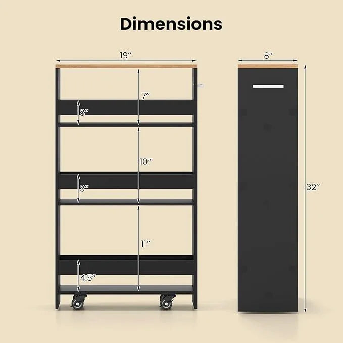 Small Kitchen Cart, 4-Tier Slim Rolling Island w/Handle, Laundry Room Storage Organizers Between Washer and Dryer, Narrow Spice Rack on Wheels Next to Fridge (Black, 8'') - ModernBath
