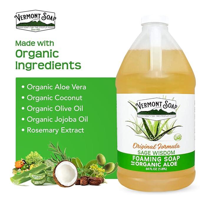 Vermont Soap Organic Sage Lime Wisdom Foaming Hand Soap - Natural Moisturizing Soap for Dry Skin - Fragrance Free Liquid Bathroom Hand Soap - Sage Lime Wisdom - 64 oz - ModernBath