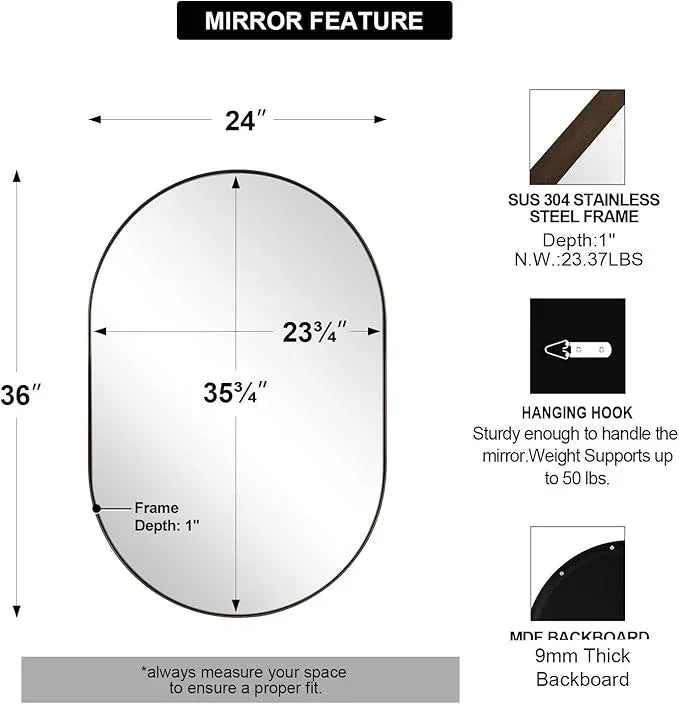 Andy Star Bronze Bathroom Mirror, 24x36 Brushed Bronze Oval Mirror, Oval Wall Mirror, Oval Vanity Mirror Metal Frame Deep 1’’ Hang Vertical or Horizontal - ModernBath