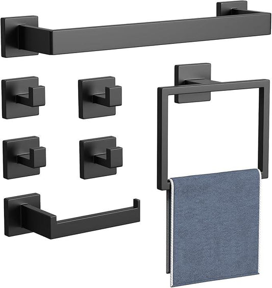 LACHILL 7-Pieces Matte Black Bathroom Hardware Accessories Set, SUS304 Stainless Steel, 16 Inch Bath Towel Bar Set, Towel Holder, Towel Racks for Bathroom Wall Mounted - ModernBath