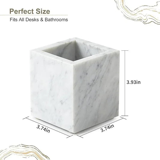 Real Natural Marble Toothbrush Holder & Pen Holder & Makeup Brush Holder, Genuine Stone Rectangular Bathroom Tumbler Cup, Durable Office & Home Countertop Organizer - ModernBath