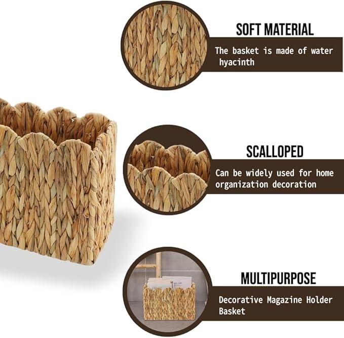Water Hyacinth Magazine Holder with Scalloped Edge – Toilet Paper Storage Basket Natural Woven Decorative Basket for Magazines, Newspapers, Mail, Living Room, Bathroom & Office - ModernBath