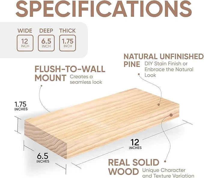 Homeforia Wood Floating Shelf 12 inch, High End Solid Natural Wood 12inch Floating Shelves for Wall Mounted, Unfinished Small Wooden Floating Shelves, Heavy Duty Bracket, 12 X 6.5 X 1.75 in, Set of 4 - ModernBath