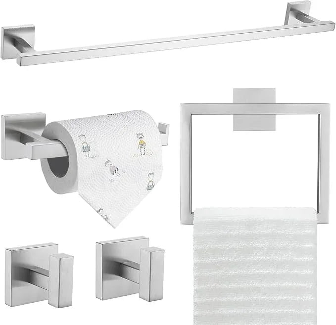 TQKAG 5-Piece Bathroom Hardware Set Brushed Nickel Classic Wall Mounted SUS304 Stainless Steel Bathroom Accessories Set 23.6" Towel Rack for Bathroom, Brushed Nickel - ModernBath