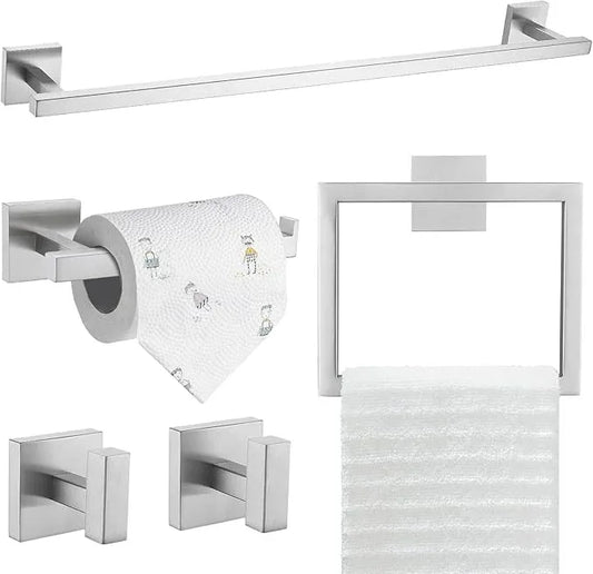 TQKAG 5-Piece Bathroom Hardware Set Brushed Nickel Classic Wall Mounted SUS304 Stainless Steel Bathroom Accessories Set 23.6" Towel Rack for Bathroom, Brushed Nickel - ModernBath