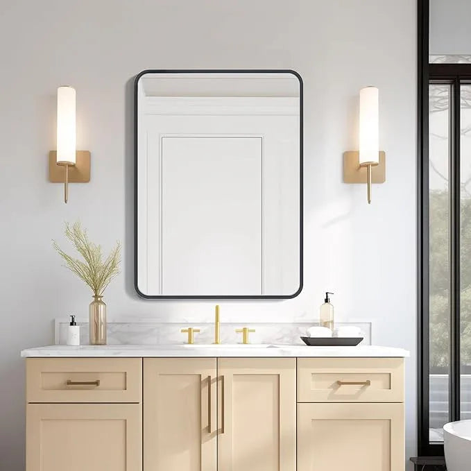 USHOWER Black Bathroom Mirror for Over Sink 22 x 30 Inch, Matte Black Rectangle Mirror for Wall, Rounded Metal Frame Vanity Mirror - ModernBath