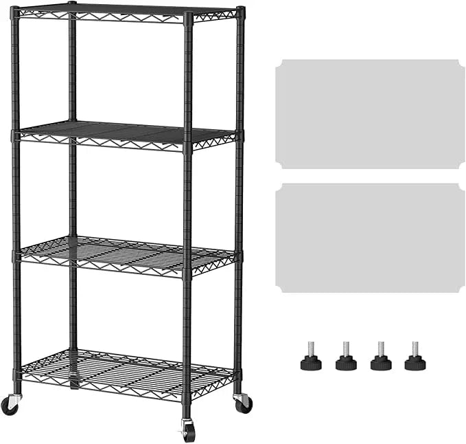 SINGAYE 4 Shelves Storage Shelf Wire Closet Bathroom Organizers Metal Pantry Kitchen Garage Shelving Unit Laundry Room Organization Home Rack Net Basket Black with Wheels - ModernBath