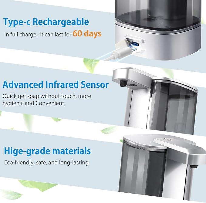 Automatic Liquid Soap Dispenser, Rechargeable, Touchless, 17oz/500ml with 4 Adjustable Soap Levels, Wall Mount & Waterproof, Liquid Hand/Dish Soap Dispenser for Bathroom Kitchen - ModernBath
