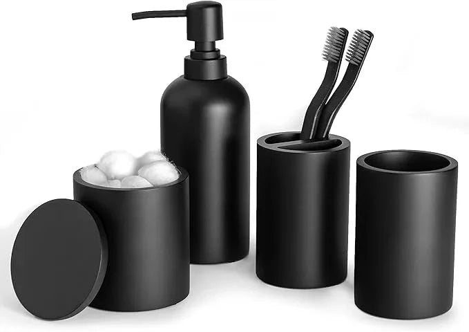 Jo Lavie Bathroom Accessory Set - 4 Pcs Matte Black Bathroom Set with Toothbrush Holder, Soap Dispenser, Tumbler & Cotton Swab Jar - Bathroom Vanity Countertop Organizer, Bathroom Decor Sets - ModernBath