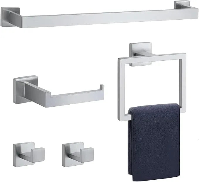 Bathroom Accessory Towel Bar Set: 5 Pieces Brushed Nickel Square Bathroom Hardware SUS304 Stainless Steel - 24 Inch Wall Mounted Towel Rack&Toilet Paper Holder&Towel Ring and Towel Hook - ModernBath