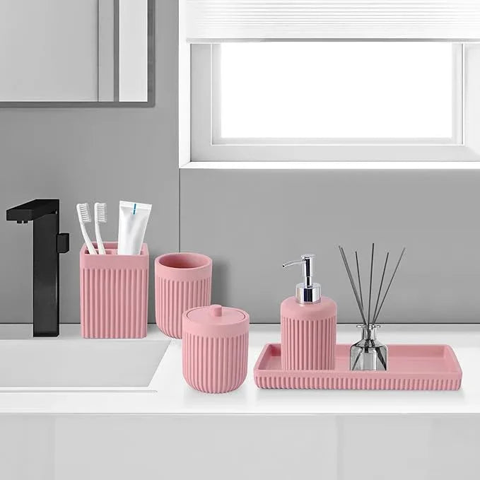 XLHOMO Resin Pink Bathroom Accessories Set 5 Pcs, Lotion Soap Dispenser, Toothbrush Holder, Bathroom Tumbler, Qtip Holder and Vanity Tray, Bathroom Countertop Organizer Set for Modern Home Apartment - ModernBath
