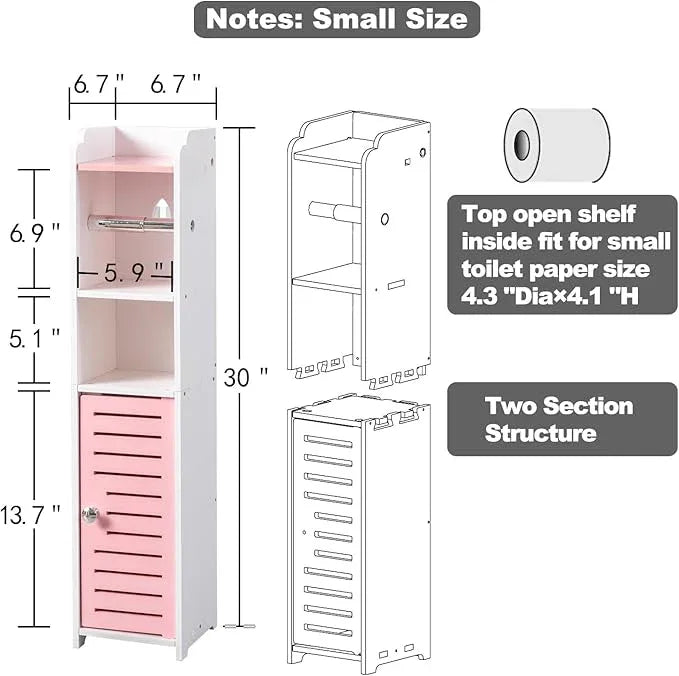AOJEZOR Toilet Paper Holder Stand: Small Bathroom Storage Cabinet - Jelly Pink - White - ModernBath