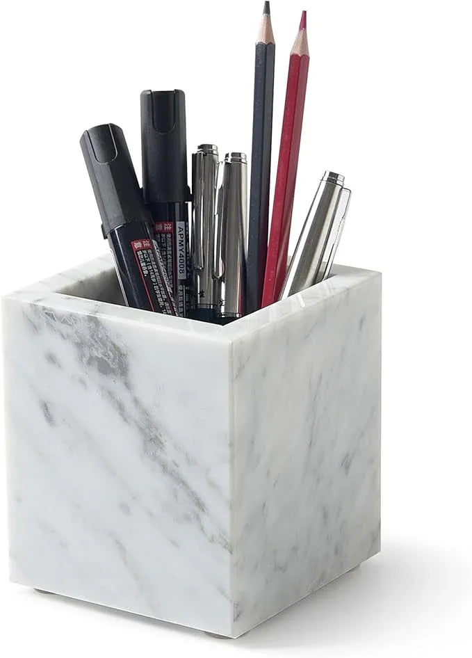 Real Natural Marble Toothbrush Holder & Pen Holder & Makeup Brush Holder, Genuine Stone Rectangular Bathroom Tumbler Cup, Durable Office & Home Countertop Organizer - ModernBath
