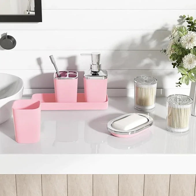 XLHOMO Pink Bathroom Accessory Set, Plastic Bathroom Set with Tray, Soap Dispenser, Toothbrush Holder, Toothbrush Cup, Soap Dish, Toilet Brush, Trash Can and Q-tip Holders for Bathroom/Housewarming - ModernBath