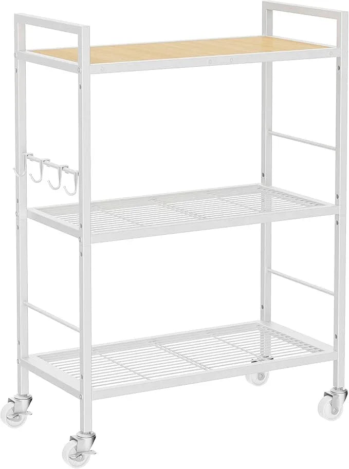3-Tier Metal Storage Rack with Industrial Wheels,Mesh Shelving Unit with Wooden Table top,Adjustable Shelf,23.6-Inch Width,for Kitchen,Laundry,Pantry,Plant,Oak panel and white frame - ModernBath