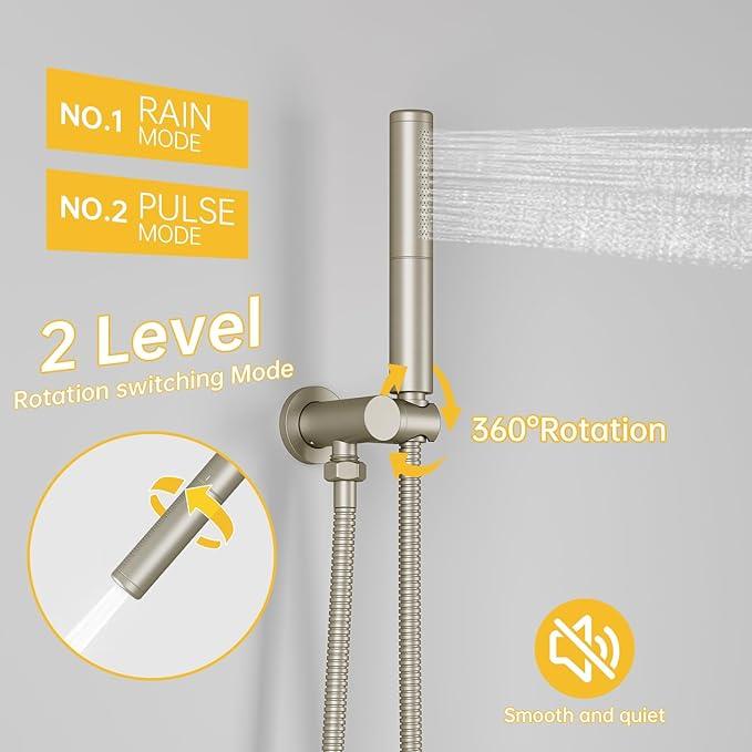 BESy Shower System with 10 Inch Round Rain Shower Head and Handheld Wall Mounted, High Pressure Rainfall Shower Faucet Fixture Combo Set with 2 in 1 Handheld Showerhead for Bathroom, Brushed Nickel - ModernBath