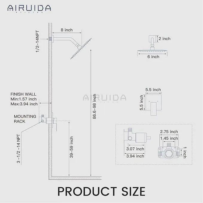 Airuida Shower Faucet Set Bathroom Rain Shower System SUS304 Stainless Steel Single Handle With Male Threads Rough-in Valve Shower Trim Kit 6 Inch Wall Mount Shower Head Brushed Gold - ModernBath