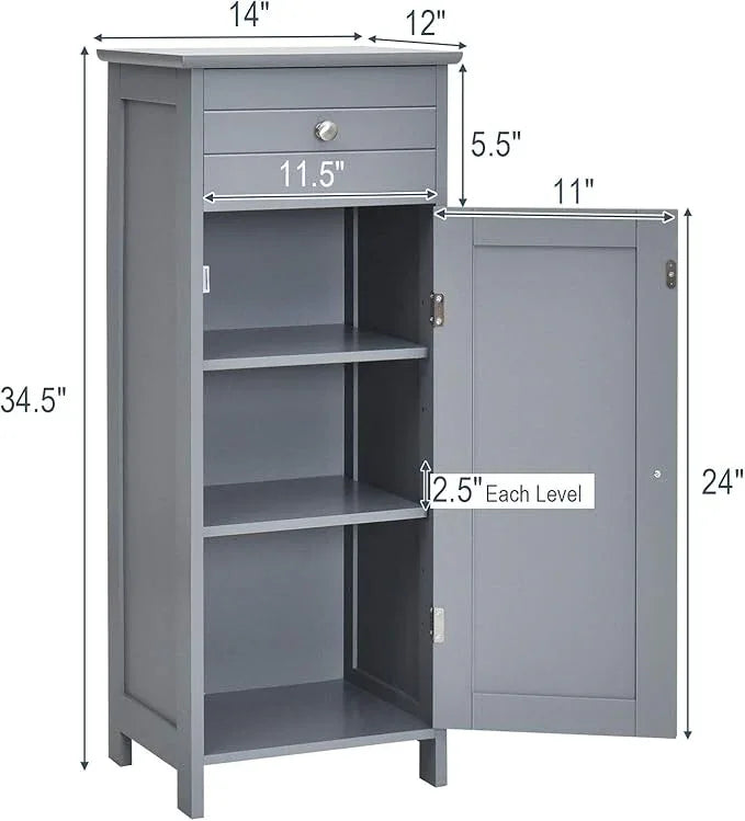 Tangkula Bathroom Floor Cabinet, Wooden Side Storage Cabinet, Freestanding Single Door Bathroom Cabinet with Large Drawer & 2 Adjustable Shelves for Living Room Kitchen (Grey) - ModernBath