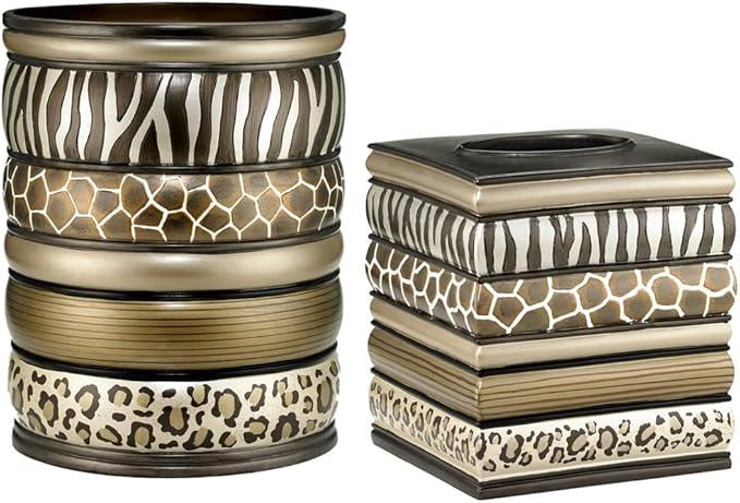 Zahari Home 2pc Safari Stripes Modern Bath Accessories Set Waste Basket & Tissue Box Modern Classic Contemporary Decorative Beautiful Designs Bathroom Decor Set for Home Luxury Bathroom Sets - ModernBath