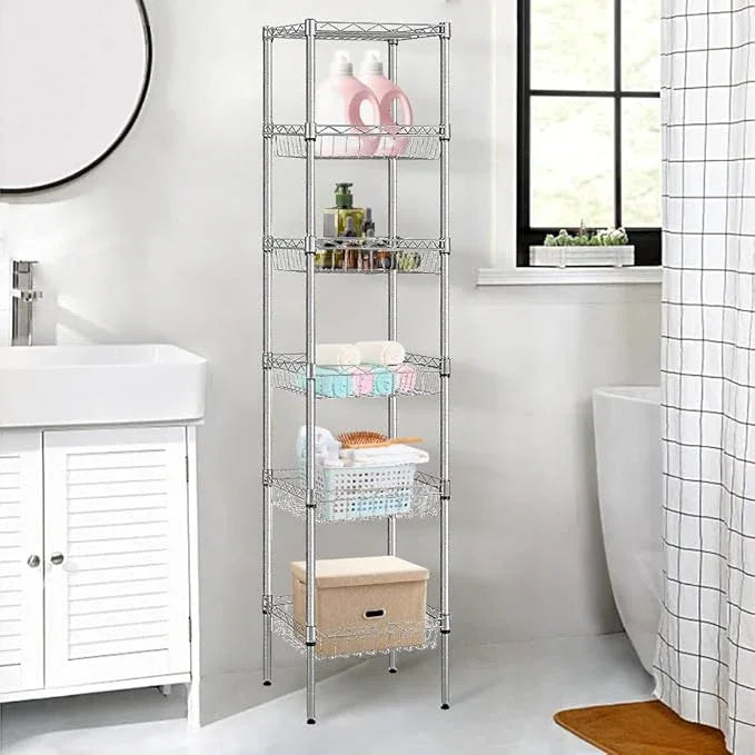 BNSPLY 6 Tier Wire Shelving Unit with Baskets Shelving, Height Adjustable Wire Shelves, Metal Storage Rack for Kitchen, Bathroom, Laundry Closet (13.5" D x 13.5" W x 63" H, Silver) - ModernBath