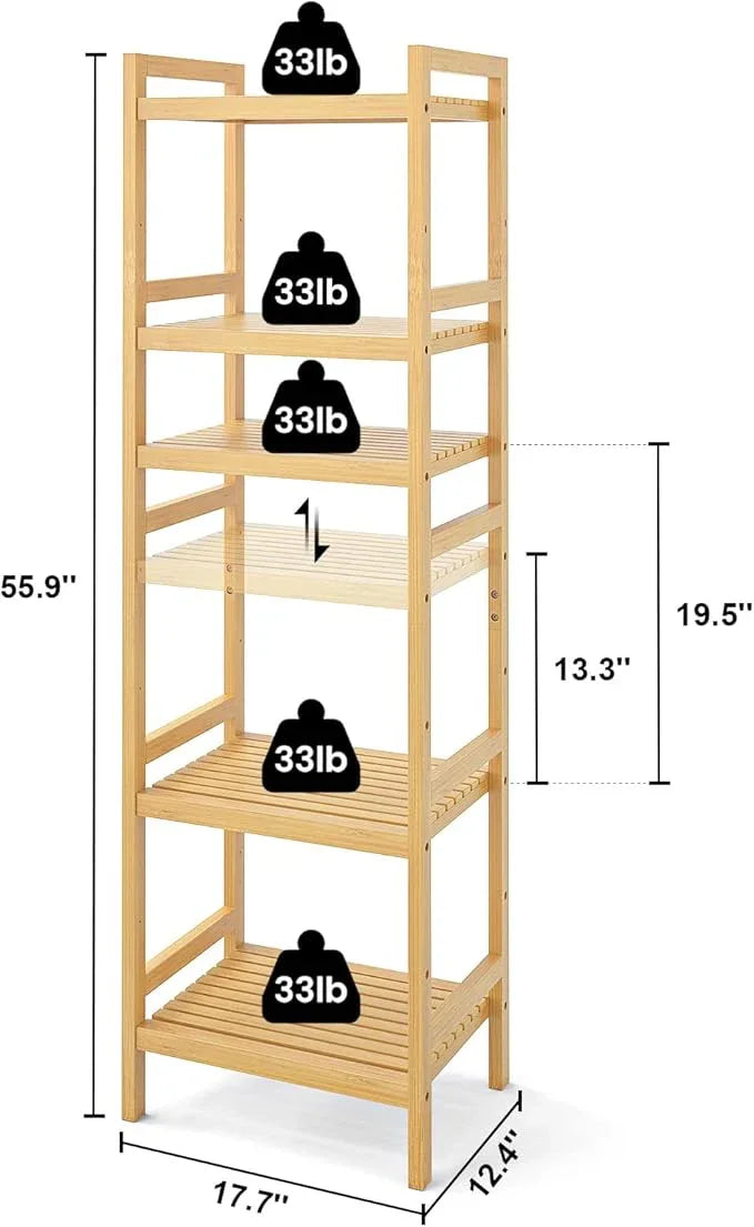 Homykic Bamboo Bookshelf, 5-Tier Narrow 55.9” Adjustable Book Shelf Bookcase Bathroom Shelves Freestanding Storage Stand for Living Room, Bedroom, Kitchen, Rust Resistance, Easy Assembly, Natural - ModernBath