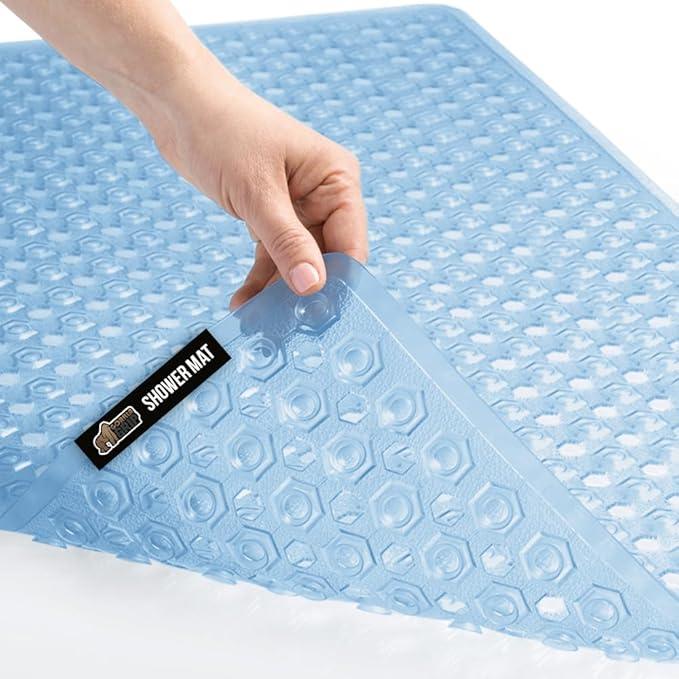 GORILLA GRIP Patented Bath Tub Shower Mat, Machine Washable Bathtub Floor Liner Mats, Suction Cups and Drain Holes to Keep Tubs Clean, Soft on Feet, Bathroom Essentials, 35x16 Inch, Clear Blue - ModernBath