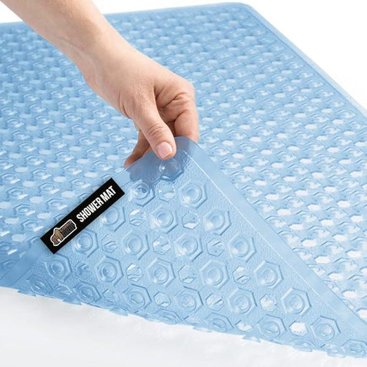 GORILLA GRIP Patented Bath Tub Shower Mat, Machine Washable Bathtub Floor Liner Mats, Suction Cups and Drain Holes to Keep Tubs Clean, Soft on Feet, Bathroom Essentials, 35x16 Inch, Clear Blue - ModernBath