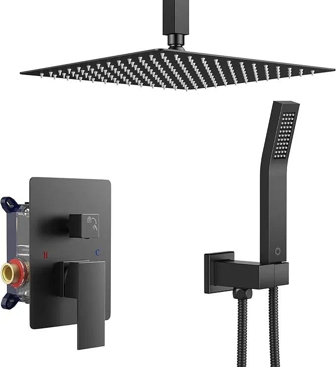 FORIOUS Shower Head System, 10 Inch Rain Shower Faucet Set with Handheld Spray Combo Rough-in Valve, Solid Brass Pressure Balanced Valve Trim Kit, Ceiling Mount, Matte Black - ModernBath