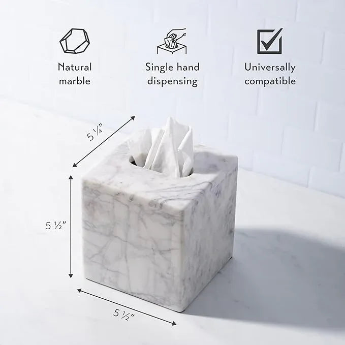Cork & Mill Marble Tissue Box Cover for Kleenex and More, Decorative Cube Style Holder, Large Square Facial Tissue Dispenser Container for Home, Real Solid White Marble Bathroom Accessory - ModernBath