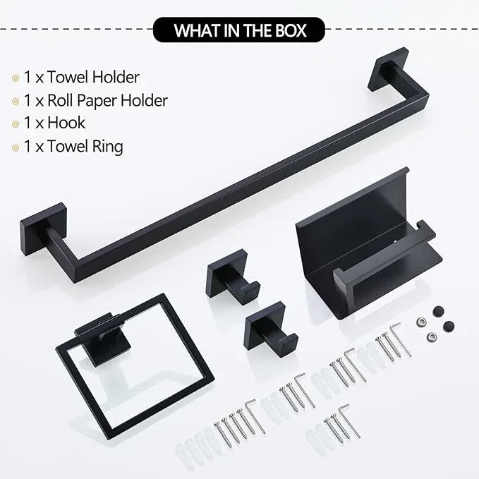 TNOMS Black Towel Bar Set 5-Piece Bathroom Hardware Set Including 23.6 Inch Towel Bar,Towel Ring Towel Hook and Toilet Paper Holder with Shelf,Stainless Steel Bathroom Accessories Set - ModernBath