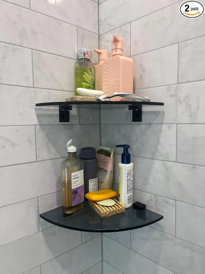 2-Pack Glass Shelf Shower Caddie, Shower Shelves for Inside Shower, Drilling Free Adhesive Wall Mounted Bathroom Organizer Shelves with Aluminium Brackets, Black - ModernBath