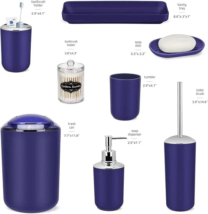 IMAVO Bathroom Accessories Set,Navy Blue Bathroom Set,9 Pieces Bathroom Accessory Set,Tray,Qtip Holders,Toilet Brush,Trash Can for Bathroom Décor and Home Gifts - ModernBath
