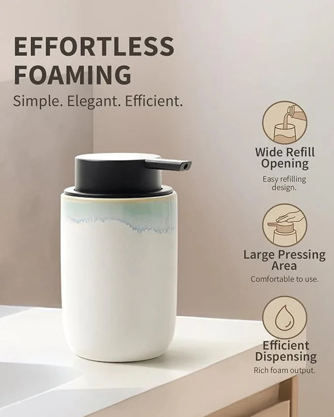 BosilunLife Hand Soap Dispenser - Foam Soap Dispenser Bathroom Ceramic Dish Liquid Soap Dispenser for Kitchen, Bathroom Countertop Soap Dispensers (White with Blue-Green Rim Foam Pump) - ModernBath