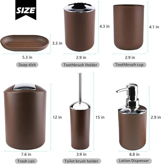 Papillon 6-Piece Bathroom Organization Set, Toothbrush Holder with Cup, Soap Dispenser & Dish, Toilet Brush, Trash Can, Tumbler Set (Coffee) - ModernBath