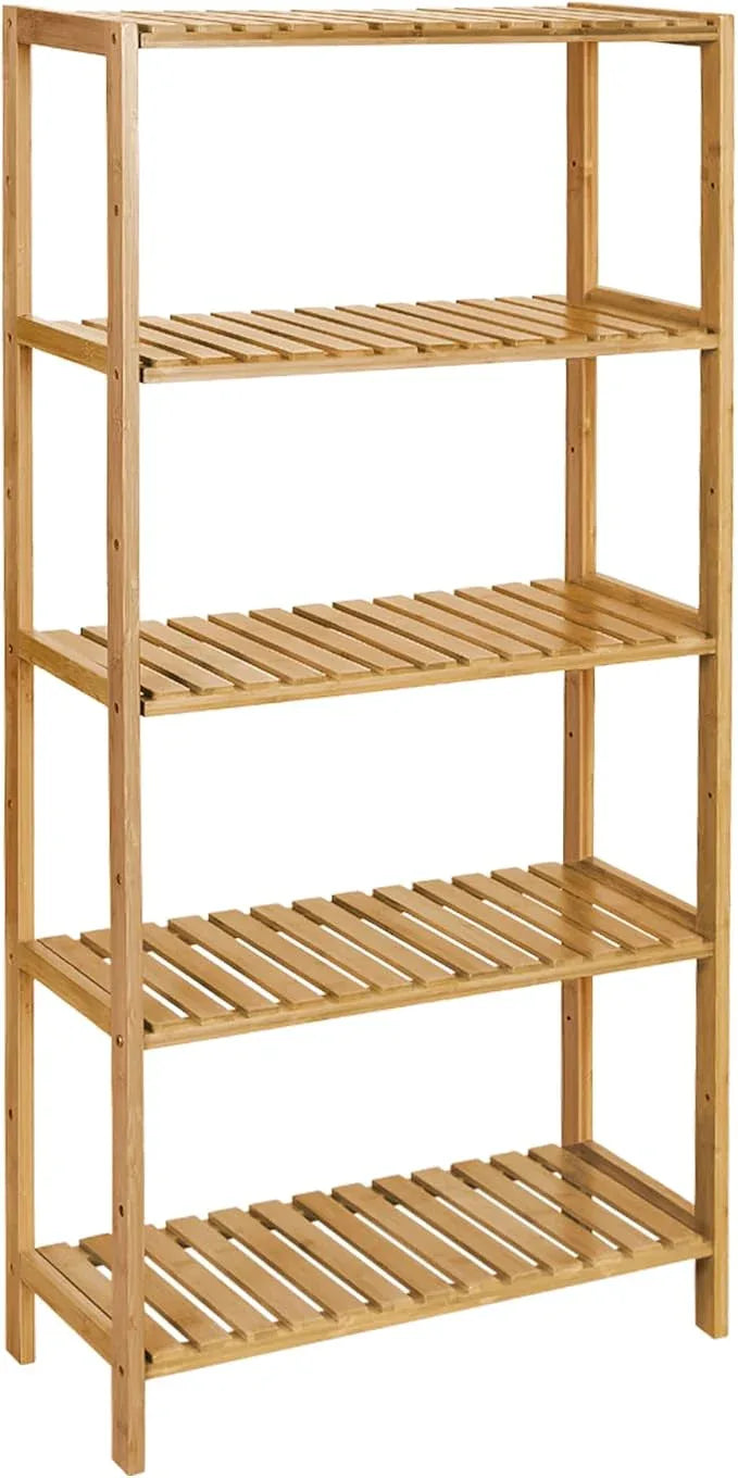SONGMICS Bamboo Storage Shelf, 5-Tier Shelving Unit, Multifunctional, in The Entryway, Bathroom, Living Room, Balcony, Kitchen, 10.2 x 23.6 x 51.2 Inches, Light Bamboo UBCB35Y - ModernBath