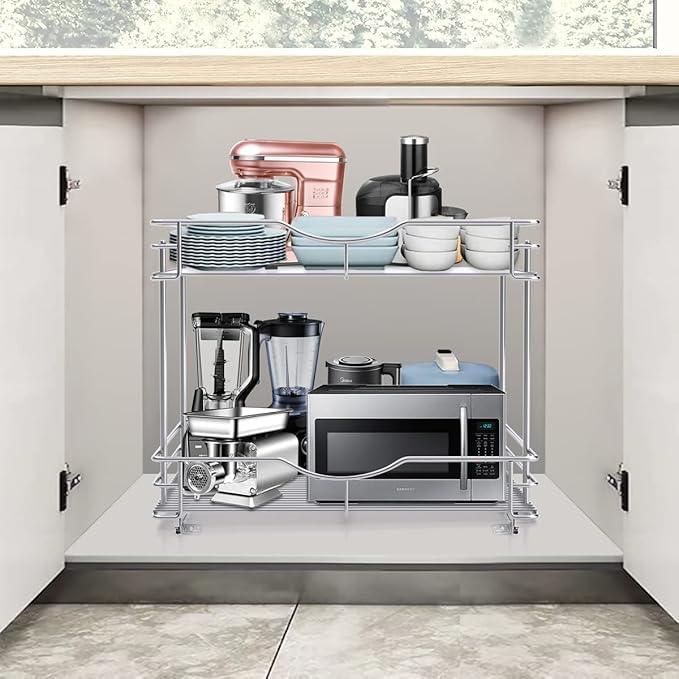 FULGENTE Chrome Finish 2 Tier (17" W X 18" D) Pull Out Drawer Cabinet Organizer Heavy Duty Slide Out Pantry Shelves Sliding Basket Storage For Home Kitchen Bathroom Under Sink Organization - ModernBath