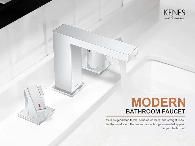 KENES Polished Chrome Widespread Bathroom Faucet 2 Handle Bathroom Sink Faucet 3 Hole, 8-Inch 3 Pieces Vanity Faucet with Pop Up Drain & Supply Lines, KE-9050-5-P - ModernBath