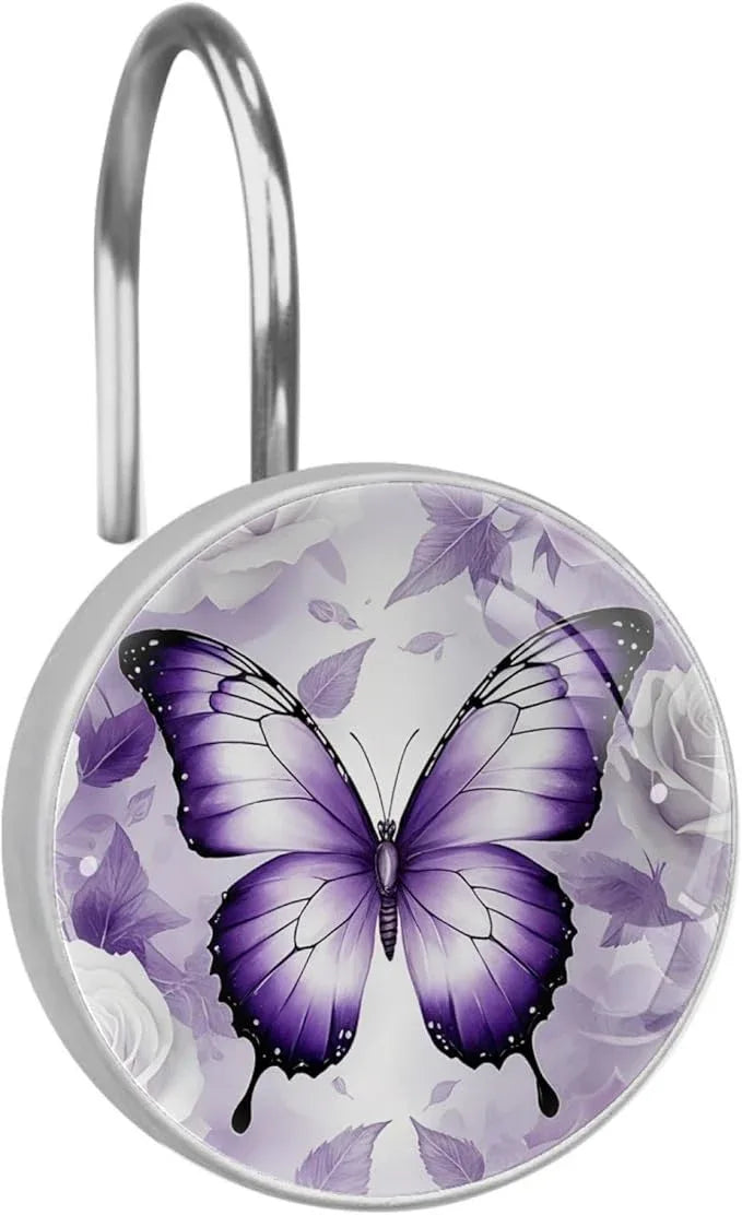 Purple Butterfly and Flower Shower Curtain Hooks, 12Pcs Decorative Rust Resistant Shower Rings for Shower Curtain Rods, Stainless Steel Round Curtain Hooks for Bathroom, Bedroom - ModernBath