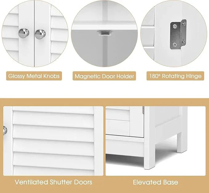 LDAILY Freestanding Organizer, Bathroom Storage with Double Shutter Doors, Adjustable Shelf, Wooden Floor Cabinet for Kitchen, Entryway (White) - ModernBath