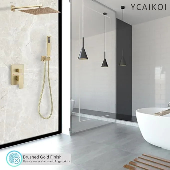 Brushed Gold Shower System YCAIKOI Wall Mount Shower Faucet Set for Bathroom 10 Inch High Pressure Luxury Shower Head with Handheld, Rough-in Valve Body and Trim Included - ModernBath