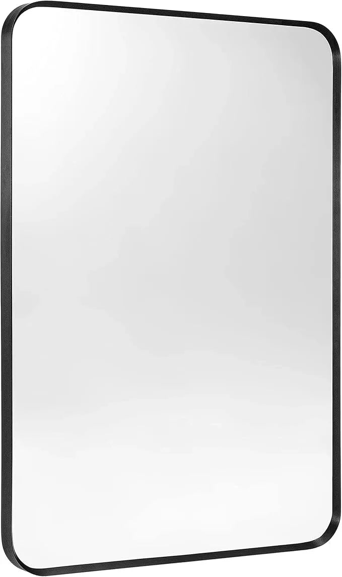 Minuover Wall Mount Mirror for Bathroom, Brushed Black Metal Framed Rounded Corner Rectangular Vanity Mirror (24" x 30", Black) - ModernBath