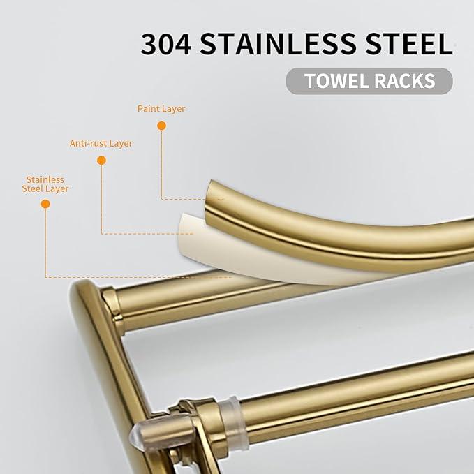 BESy 24 Inch Brushed Gold Towel Racks, Bathroom Towel Shelf with Foldable Towel Bar Holder and Towel Hooks, Wall Mounted Multifunctional Bathroom Accessories, Double Towel Bars - ModernBath
