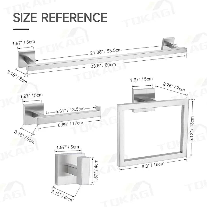 TQKAG Brushed Nickel Bathroom Hardware Accessories Set 10 Pieces, 23.6" SUS304 Stainless Steel Towel Bar Set Wall Mounted Includes Single Towel Bar, Towel Ring, Toilet Paper Holder, Double Towel Hooks - ModernBath