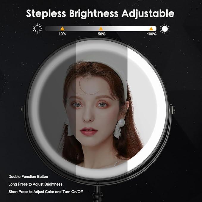 Lighted Makeup Mirror, 3000 mAh Rechargeable Double Sided Magnifying Vanity Mirror with 3 Colors, 1x/10x, 360° Rotation , Brightness Adjustable Magnification Cosmetic Light up Mirror, Women Gift - ModernBath