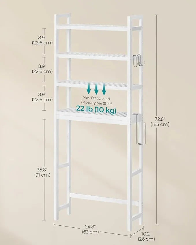 SONGMICS Over The Toilet Storage, 4-Tier Over Toilet Bathroom Organizer with Adjustable Shelves, 10.2 x 24.8 x 72.8 Inches, Space-Saving, Cloud White UBTS041W01 - ModernBath